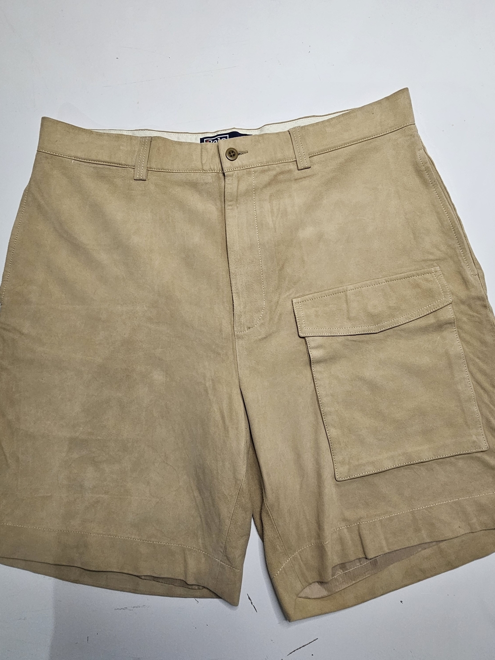 Polo Ralph Lauren 100% Suede Leather Cargo Shorts Men's Size 36 Beige Tan Luxury